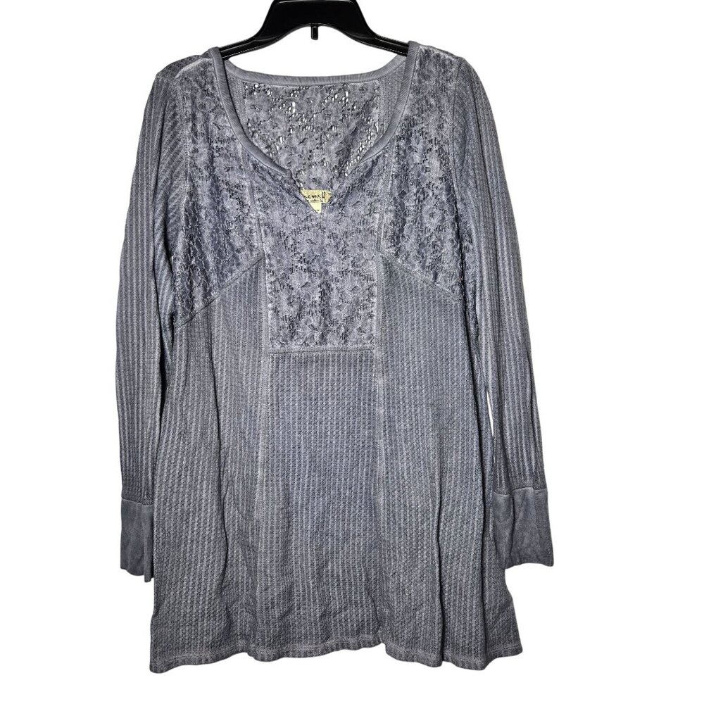One World Womens Long Sleeve Top Plus 1X Waffle Thermal Lace Boho Stretch Dainty